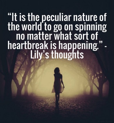 &ldquo;it is the peculiar nature of the world to go on spinning no matter what sort of heartbreak is happening.&rdquo; &ndash;lily&rsquo;s thoughts