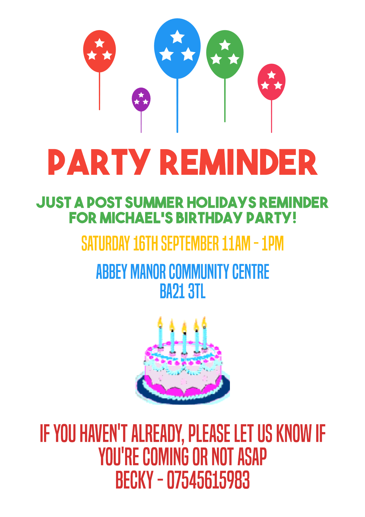 Birthday Party Reminder Template Card Template